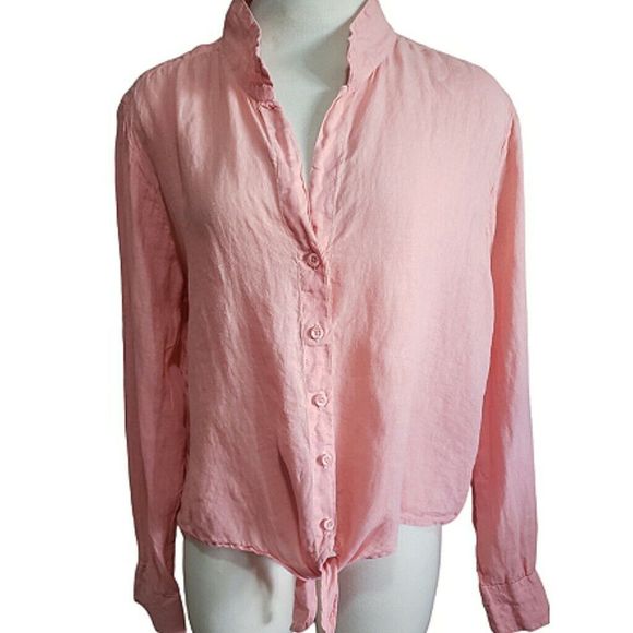 cloth & stone Tops - Cloth And Stone Peach Anthro Linen Crop Top Casual Boxy Mod Blouse Tie Up Size L